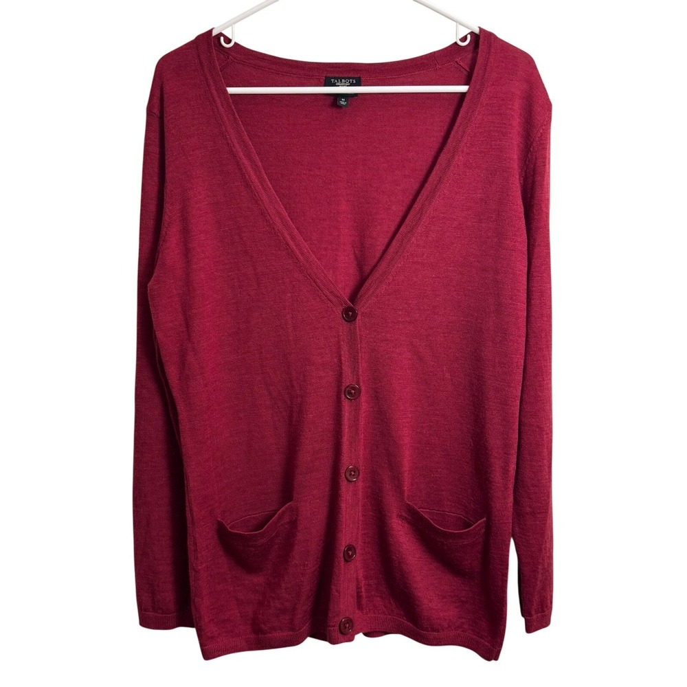 Talbots Womens Medium P BurgundyPure Italian MerinoWool VNeck Cardigan Sweater